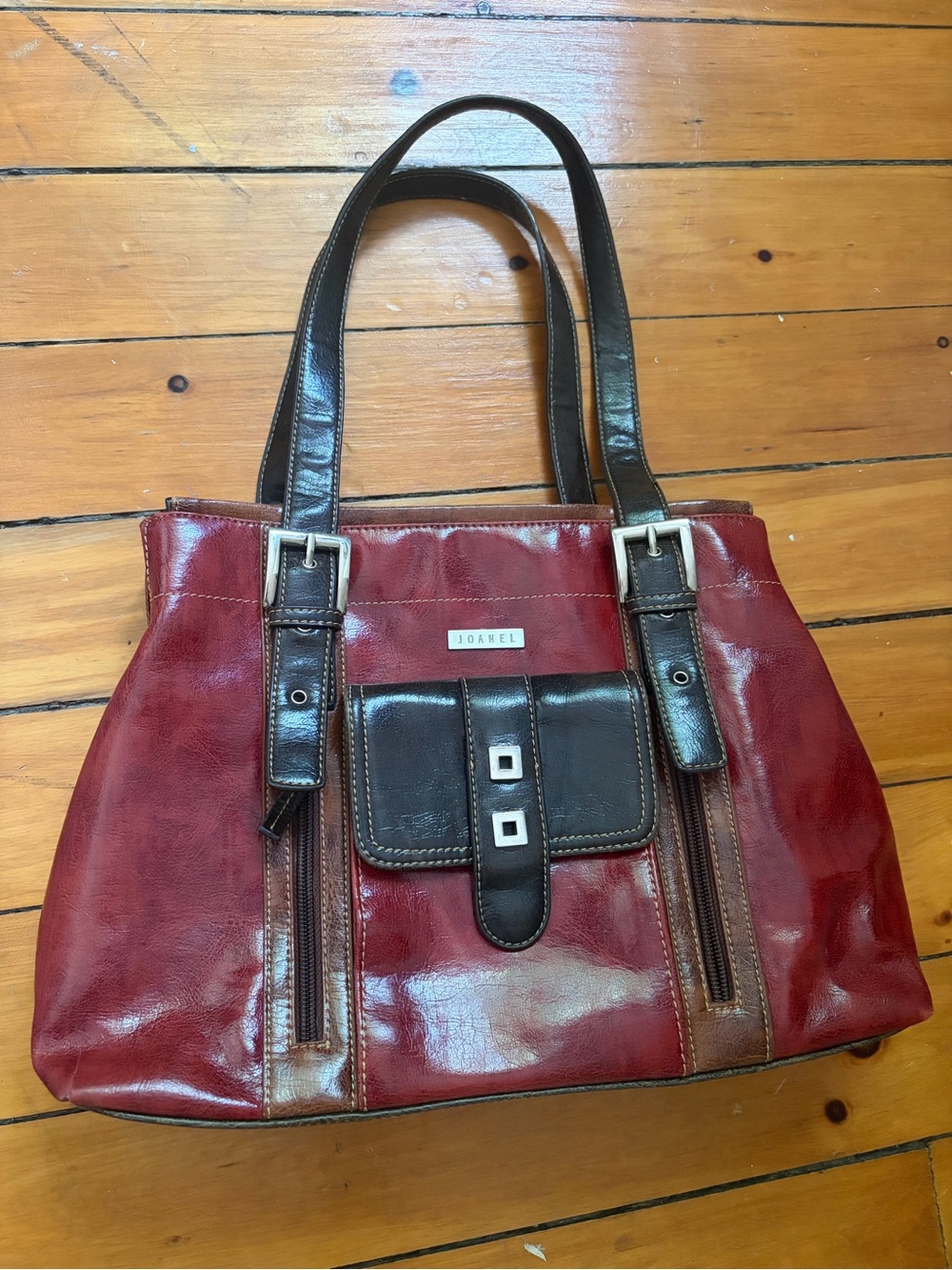 Burgundy & Dark Brown Two-Tone Leather Shoulder Bag with Silver Hardware - Picture 2 of 9